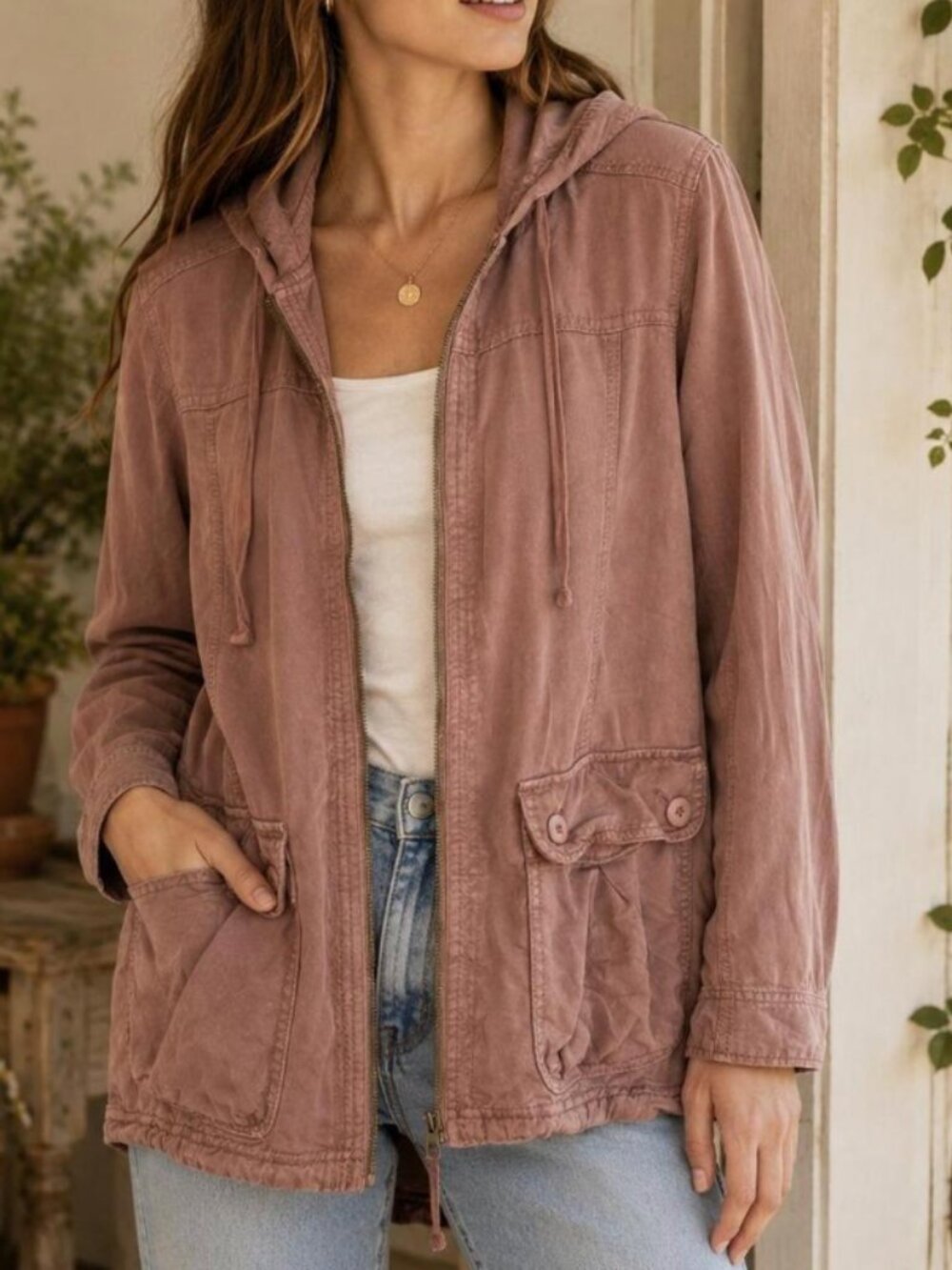 American Eagle Hooded Coat Women Jacket Twill Skirted Mauve Dusty Pink Utility M